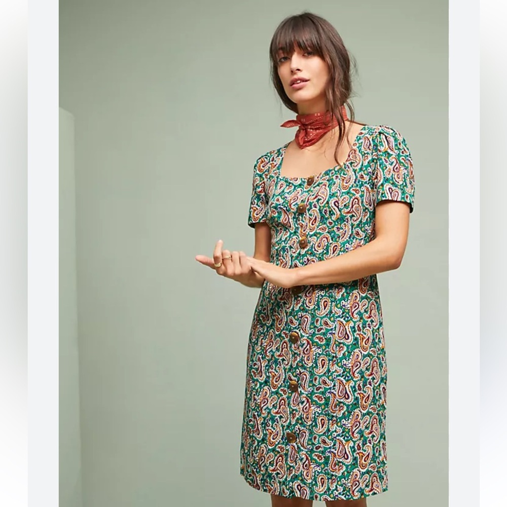 NWT Anthropologie Maeve Green Paisley Seventies Shift Dress size 6